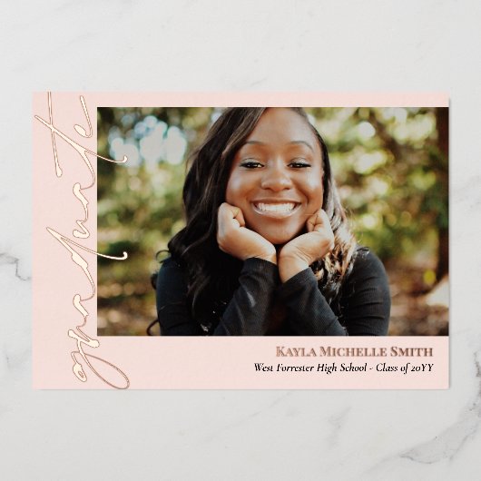 Invitation En Aluminium Blush Rose Gold Calligraphy Photo Graduation (Recto)