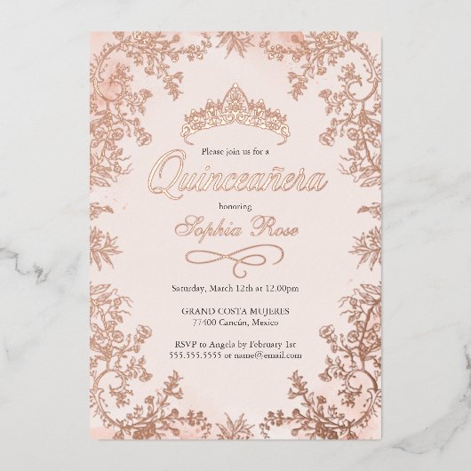 Invitation En Aluminium Blush Rose Gold Couronne Florale Quinceanera (Recto)
