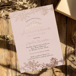 Invitation En Aluminium Blush Rose Gold Élégant Vintage Quinceanera