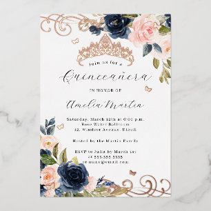 Invitation En Aluminium Blush Rose Gold Fleurs Tourbillonnantes Quinceaner