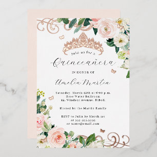 Invitation En Aluminium Blush Rose Gold Floral Swirl Quinceanera