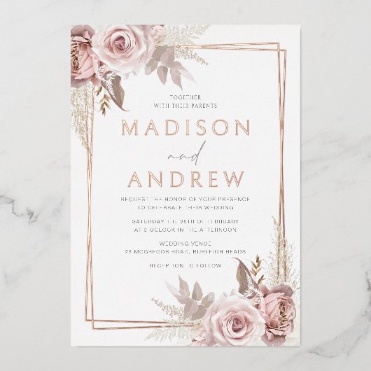 Invitation En Aluminium Blush & Rose Gold Foil Mariage élégant (Recto)