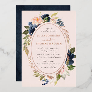 Invitation En Aluminium Blush Rose Gold Foliage Floral Mariage Navy