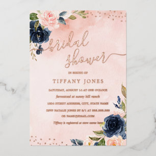 Invitation En Aluminium Blush Rose Gold métallisé Mariage Fleur Navy 