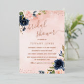 Invitation En Aluminium Blush Rose Gold métallisé Mariage Fleur Navy (Debout devant)