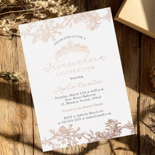 Invitation En Aluminium Blush Rose Gold Quincanéara Élégant Vintage