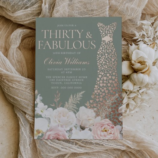 Invitation En Aluminium  Blush & Sage 30th Birthday Rose Gold Gown