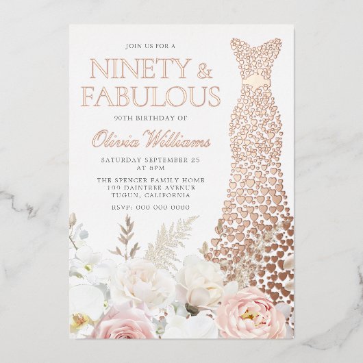 Invitation En Aluminium Blush & White 90th Birthday Party Real Rose Gold (Recto)