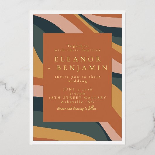 Invitation En Aluminium Boho Abstrait Wavy Lines Terracotta Mariage Gold (Recto)