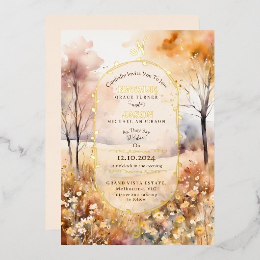 Invitation En Aluminium Boho Aquarelle Automne Nature Monogramme Mariage (Recto/Verso)