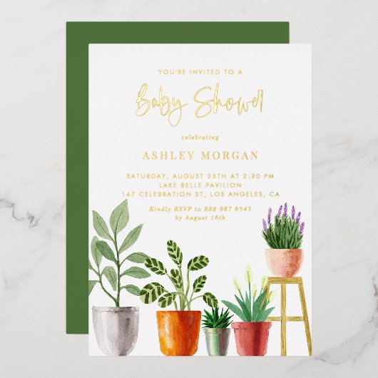 Invitation En Aluminium Boho Aquarelle intérieure Baby shower Plante (Recto/Verso)