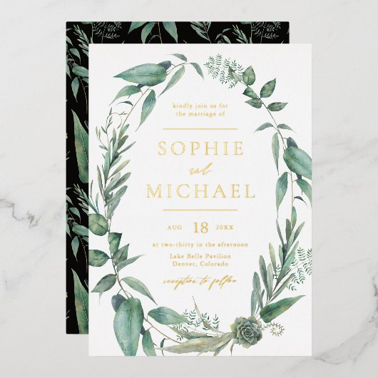 Invitation En Aluminium Boho Aquarelle Verdure et Mariage Succulents (Recto/Verso)