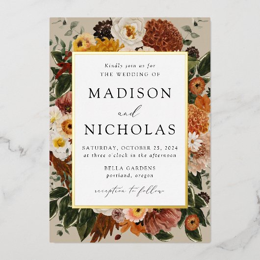 Invitation En Aluminium Boho Automne Floral Frame Mariage (Recto)