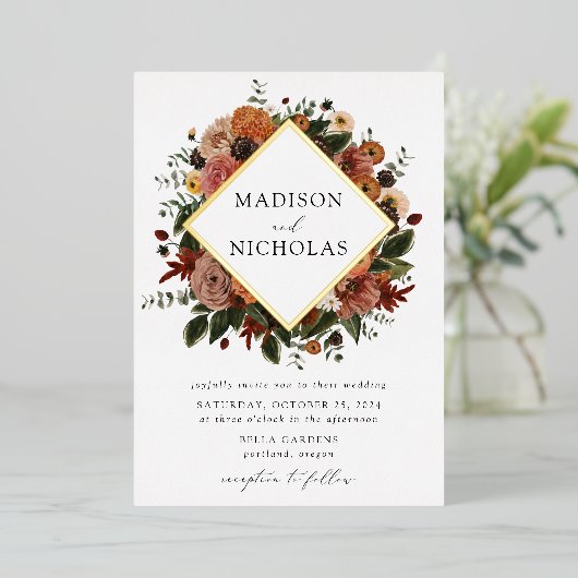 Invitation En Aluminium Boho Automne Floral Frame Mariage (Debout devant)