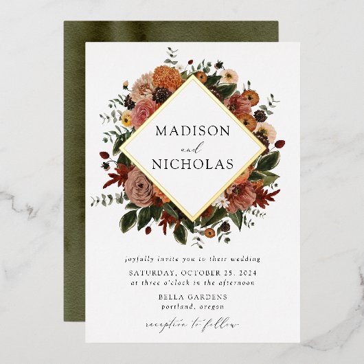 Invitation En Aluminium Boho Automne Floral Frame Mariage (Recto/Verso)