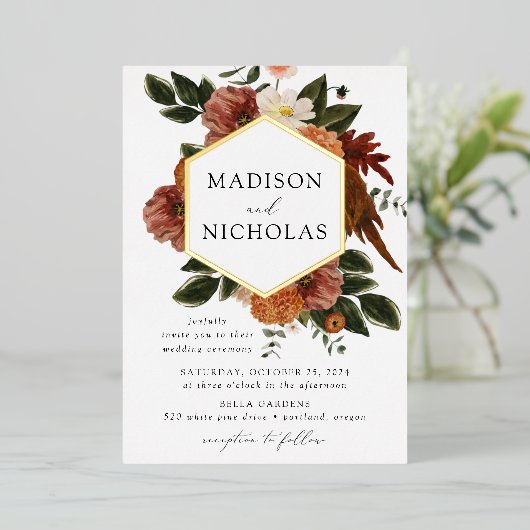 Invitation En Aluminium Boho Automne Floral Frame Mariage (Debout devant)