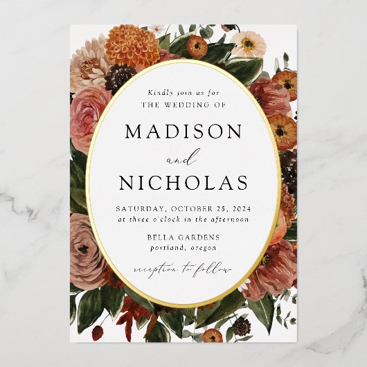 Invitation En Aluminium Boho Automne Floral Oval Frame Mariage (Recto)