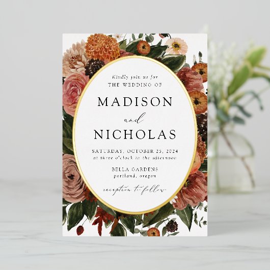 Invitation En Aluminium Boho Automne Floral Oval Frame Mariage (Debout devant)