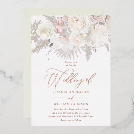 Invitation En Aluminium Boho Beige Ivory Blush Floral Mariage Rose Or (Recto/Verso)