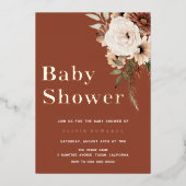 Invitation En Aluminium Boho Blanc Floral Terracotta Baby shower Rose Or (Recto)