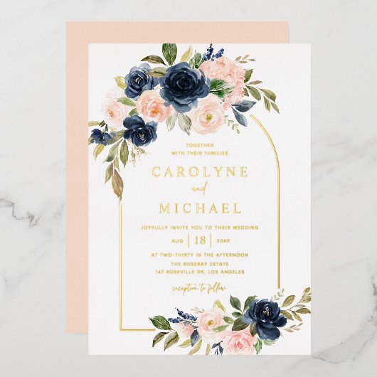 Invitation En Aluminium Boho Blush et Navy Blue Floral Arch Mariage (Recto/Verso)