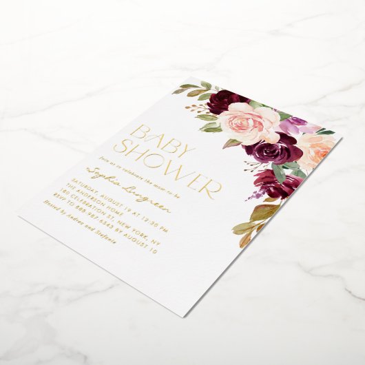 Invitation En Aluminium Boho Bourgogne et fleurs de pêche Baby shower d'au (Rotation)