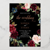 Boho Burgundy Blue Flowers Mariage de script