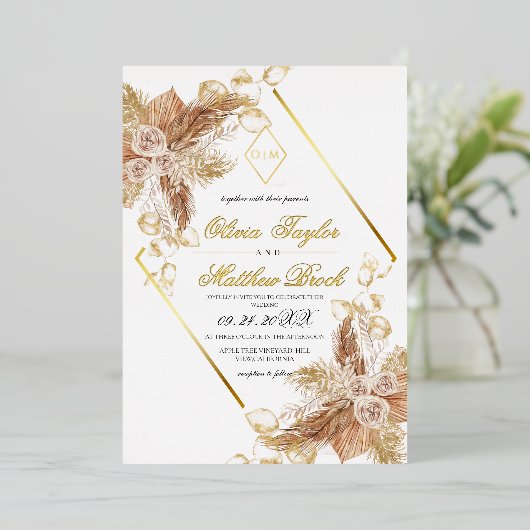 Invitation En Aluminium Boho Burgundy Diamond Or Blanc Mariage Foil (Debout devant)