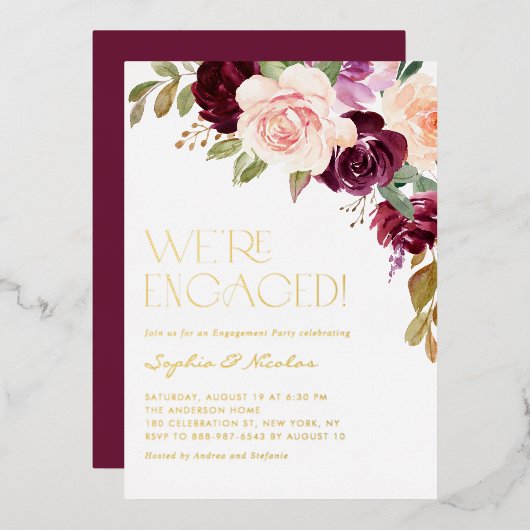 Invitation En Aluminium Boho Burgundy Peach Flowers Fall Engagement Party (Recto/Verso)