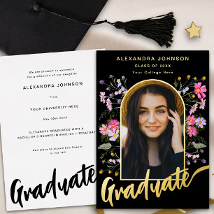 Invitation En Aluminium Boho Chic Floral Gradué Photo Arch Script Or