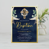 Invitation En Aluminium Boho Cross Pampas Eucalyptus Baptême Marine Or (Debout devant)