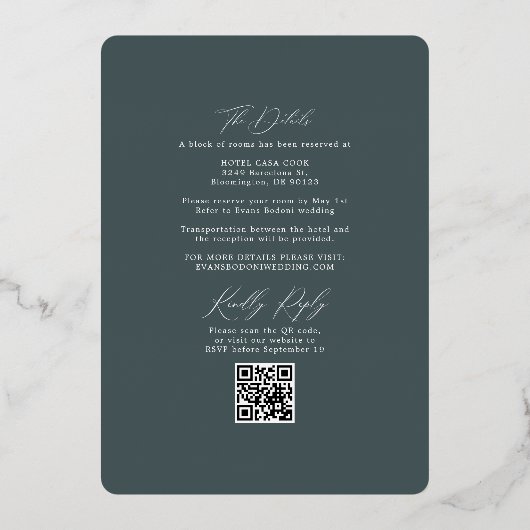 Invitation En Aluminium Boho Dark Green Mariage Arch & RSVP QR Code (Verso)