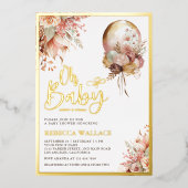 Invitation En Aluminium Boho Earthy Floral Balloon fille Baby shower or (Recto)