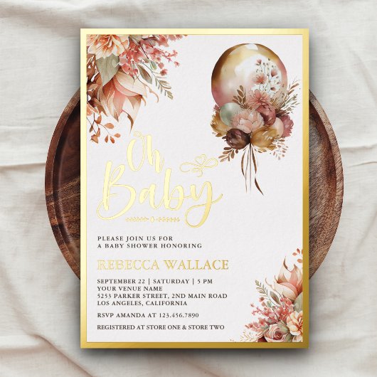 Invitation En Aluminium Boho Earthy Floral Balloon fille Baby shower or