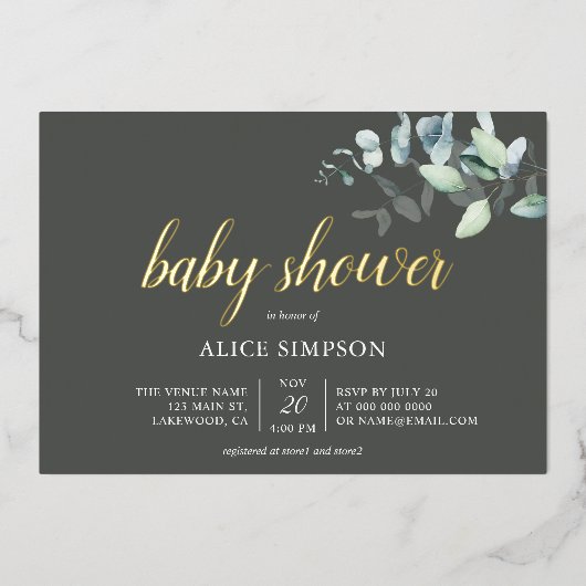 Invitation En Aluminium Boho Eucalyptus Feuille Baby shower Foil Invitatio (Recto)
