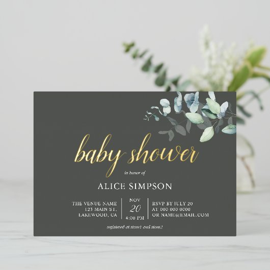 Invitation En Aluminium Boho Eucalyptus Feuille Baby shower Foil Invitatio (Debout devant)
