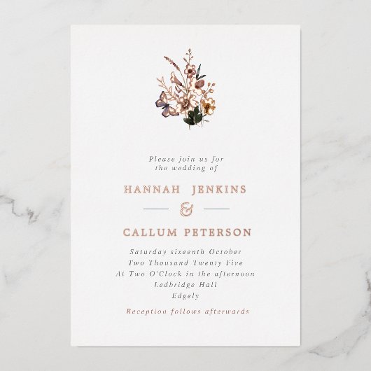 Invitation En Aluminium Boho Fall Fleurs sauvages Mariage Rose (Recto)