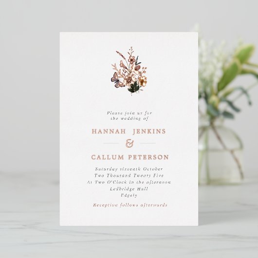 Invitation En Aluminium Boho Fall Fleurs sauvages Mariage Rose (Debout devant)