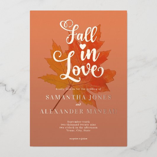 Invitation En Aluminium Boho Fall laisse brûlé Orange Fall in Love Mariage (Recto)