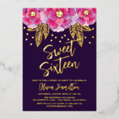 Invitation En Aluminium Boho Fleurs Rose Violet Sweet 16 (Recto)