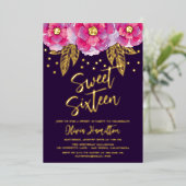 Invitation En Aluminium Boho Fleurs Rose Violet Sweet 16 (Debout devant)
