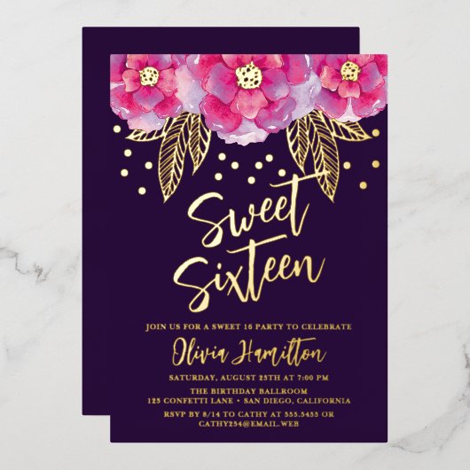 Invitation En Aluminium Boho Fleurs Rose Violet Sweet 16 (Recto/Verso)
