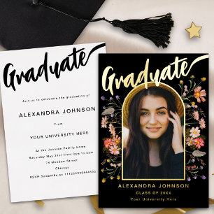 Invitation En Aluminium Boho floral Gradué Photo Grad Party Script Or
