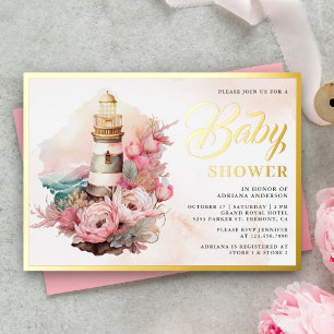 Invitation En Aluminium Boho Floral Phare Baby shower marin Or