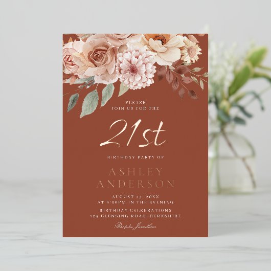 Invitation En Aluminium Boho Floral Rose Gold Foil 21e fête d'anniversaire (Debout devant)