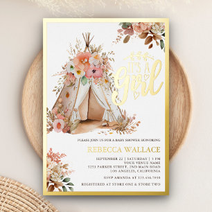 Invitation En Aluminium Boho Floral Tribal Teepee Girl Baby shower