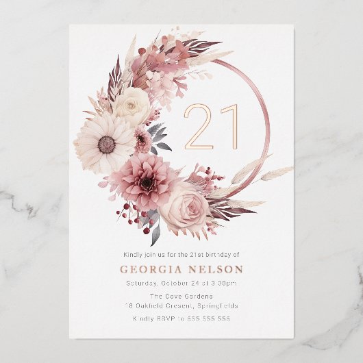 Invitation En Aluminium Boho Floral Wreath 21e anniversaire de fête Rose G (Recto)