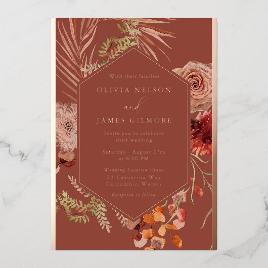Invitation En Aluminium Boho Flowers Rose Gold Foil Mariage (Recto)