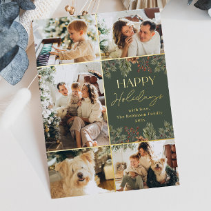 Invitation En Aluminium Boho Green Gold Foil 5 Photo Happy Holidays Card