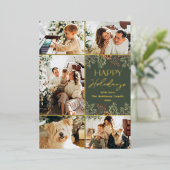 Invitation En Aluminium Boho Green Gold Foil 5 Photo Happy Holidays Card (Debout devant)